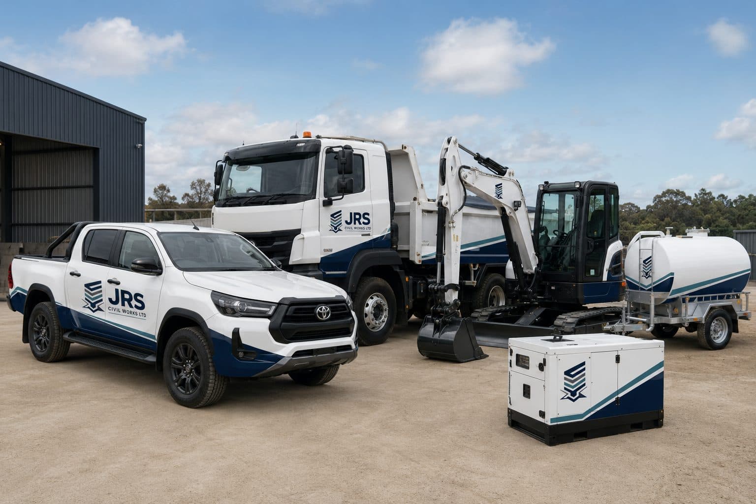 A tipper truck, excavator, water bowser, compressor and pick-up in JRS Civil Works Ltd livery assembled outside a depot.